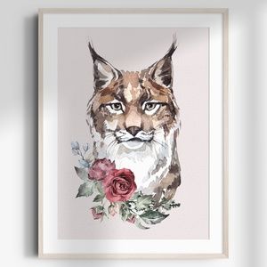 Watercolor Floral Lynx Bobcat Portrait Wall Art Illustration Print Unframed